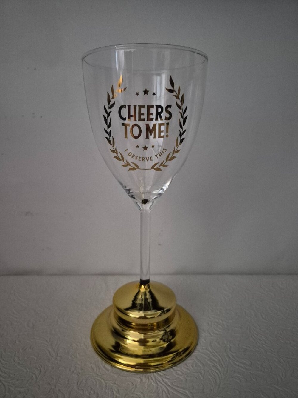 Fred Trophy Wine Glass “Cheers to Me!” Gold Stem 12oz Novelty